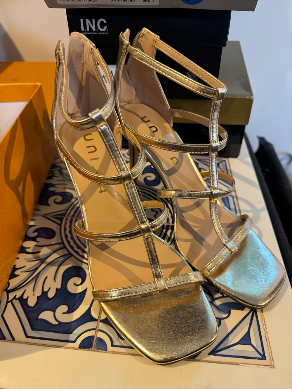 Unisa Gold Strappy Block Heel Sandals